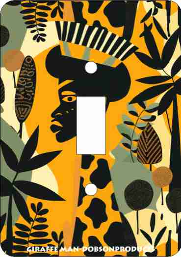 A decorative metal light switch wall plate with a giraffe and African-inspired print.